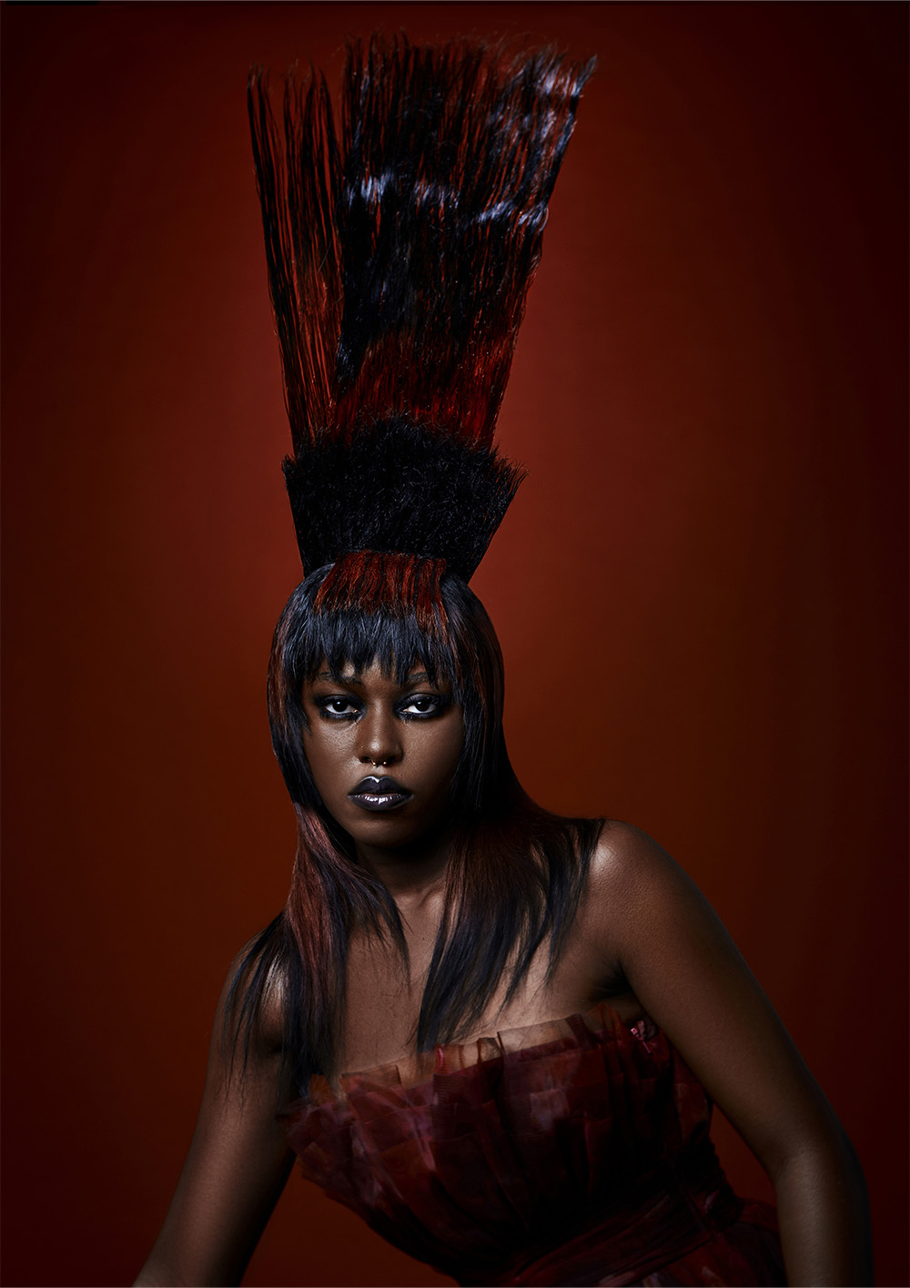 Black and Red Vertical Sculptural Hairstyle – Ann Marie Young – Coven Collection